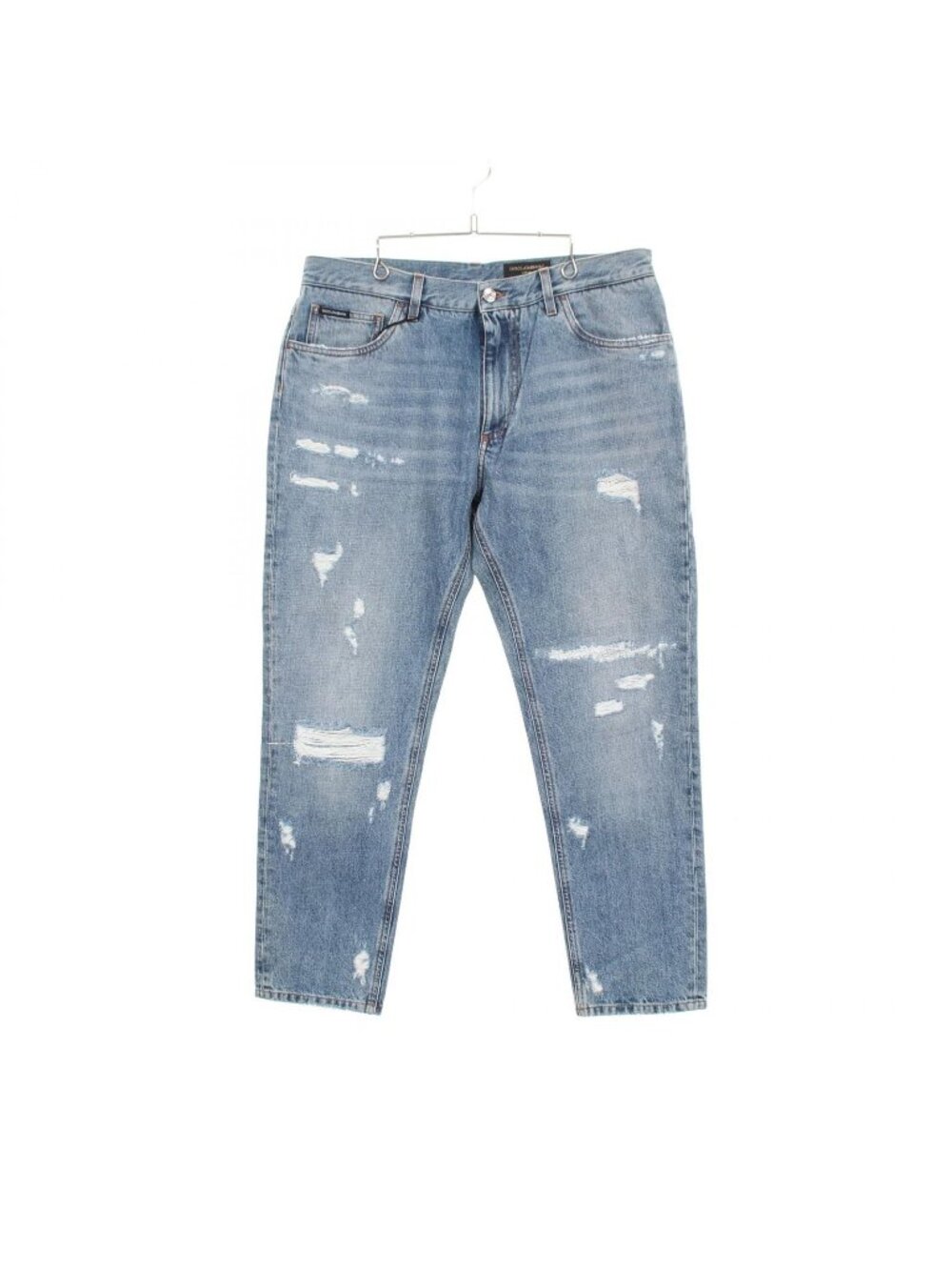 Dolce & Gabbana Denim Pants Logo Embroidery Distressed Loose Cotton